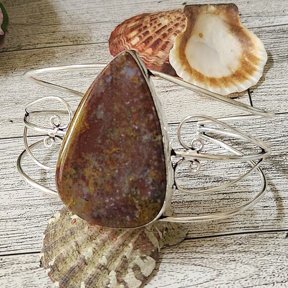 Blazing Flames Fire Jasper Silver Cuff Bracelet - Bold Statement Jewelry - Picture 10 of 10